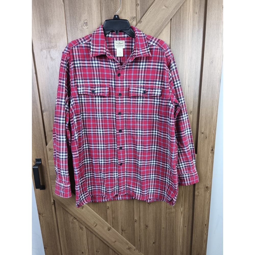 LL Bean Scotch Plaid Flannel Shirt Mens Large Gray Red Traditional Fit